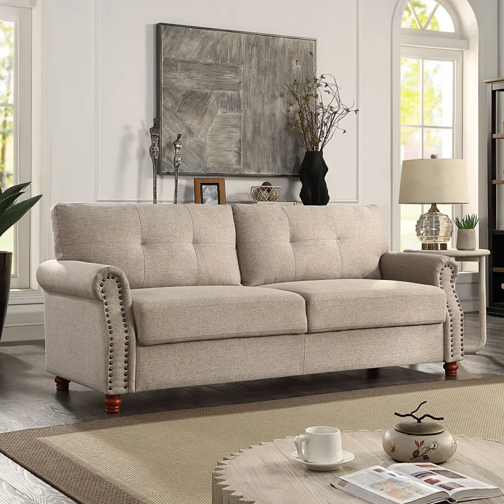 Beige Linen Fabric Storage Sofa Tufted Cushions and Solid Wood Frame Apartments and Living Rooms Wodine