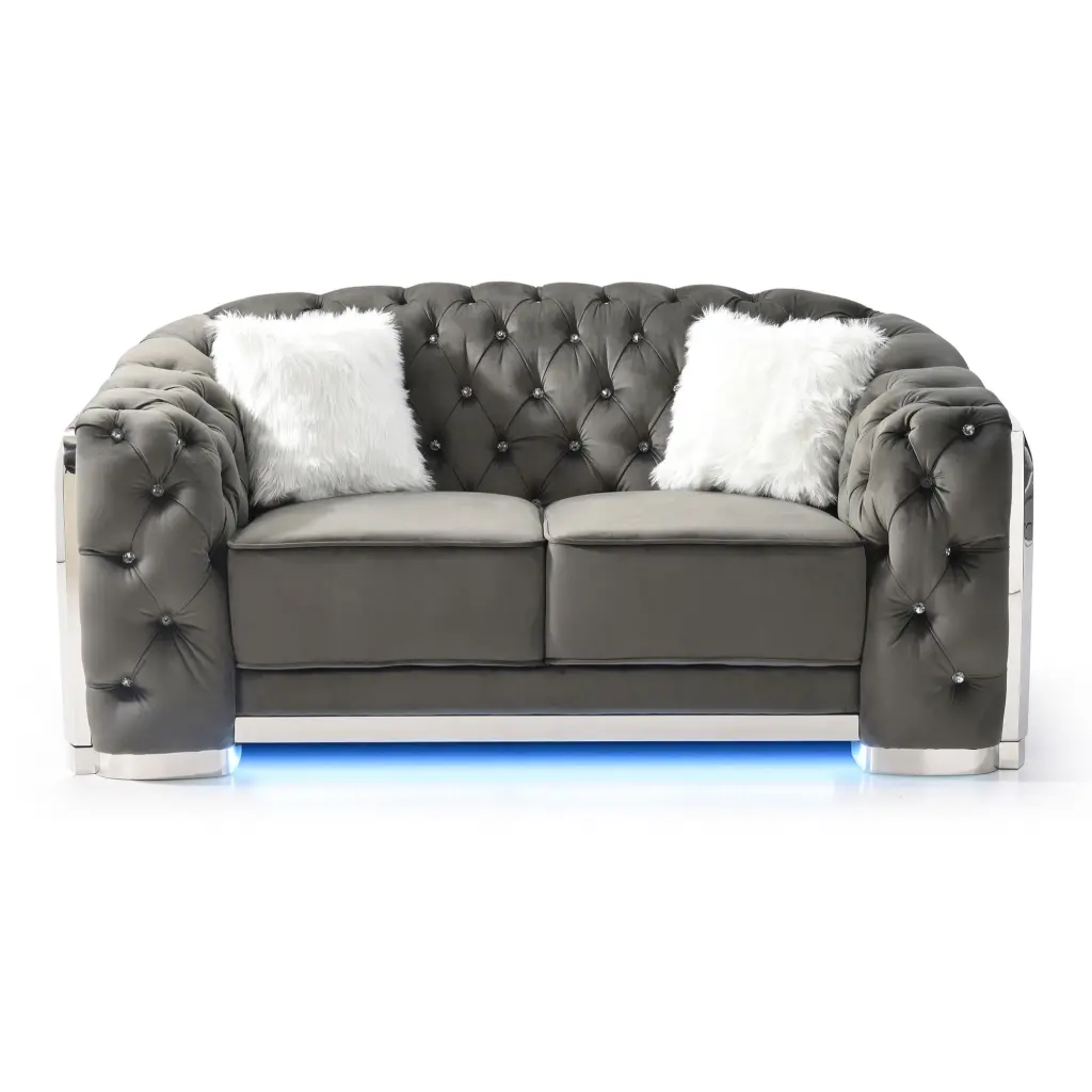 Passion Furniture Sapphire 71 Inch Flared Arm Velvet Straight Sofa Grey