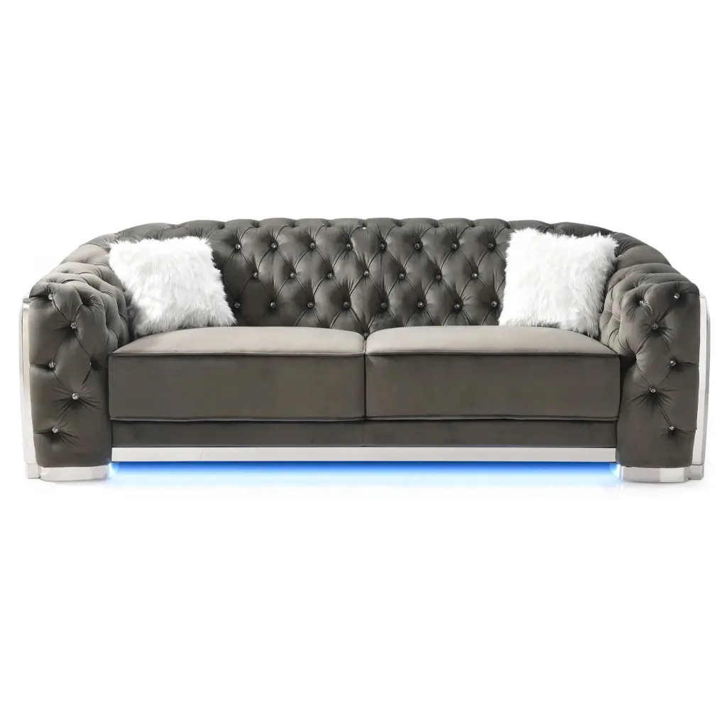 Passion Furniture Sapphire 94 Inch Flared Arm Velvet Straight Sofa Grey