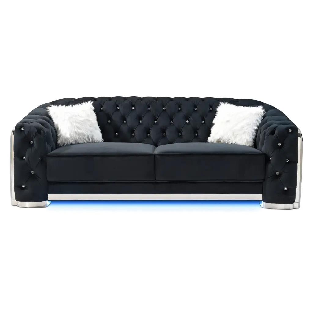 Passion Furniture Sapphire 94 Inch Flared Arm Velvet Straight Sofa Black