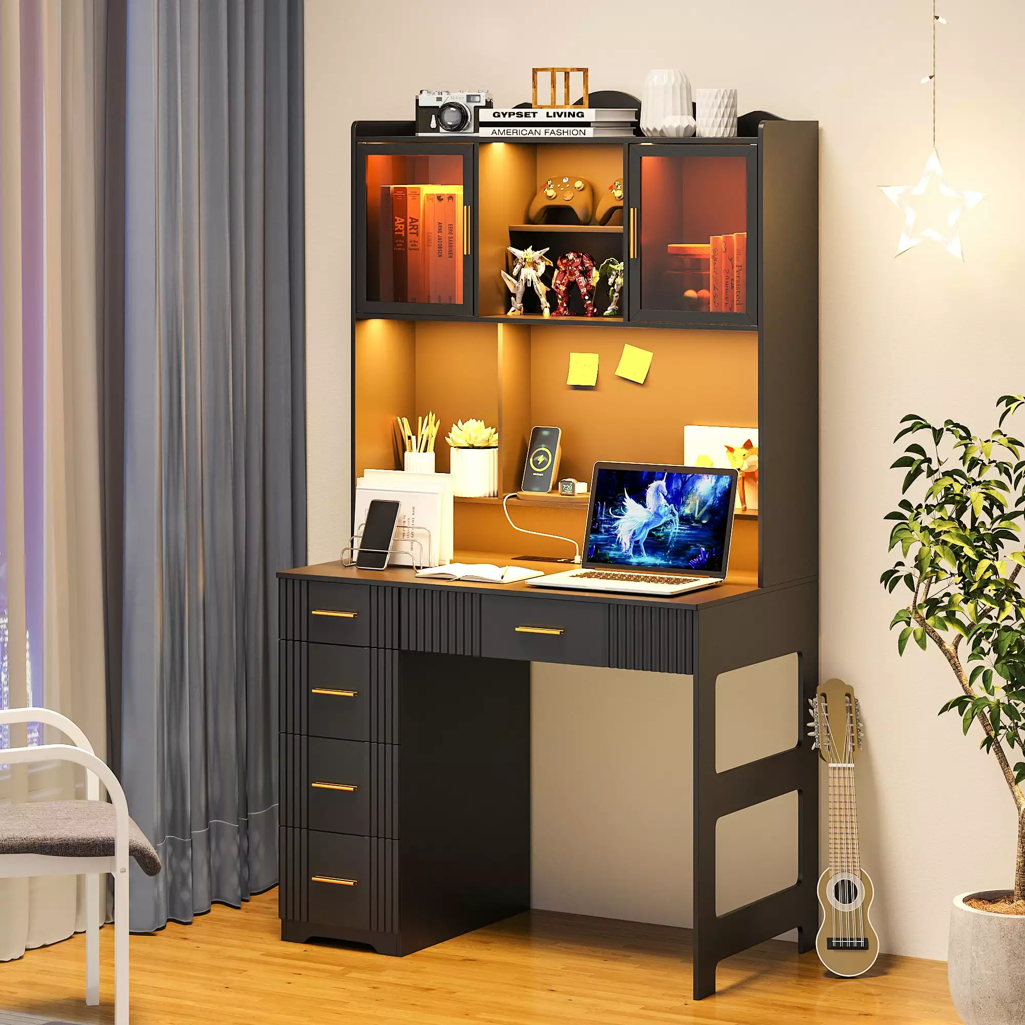 HNEBC LED Study Desk Hutch and Drawer Home Office Desk Outlet and Charging Station Small Spaces