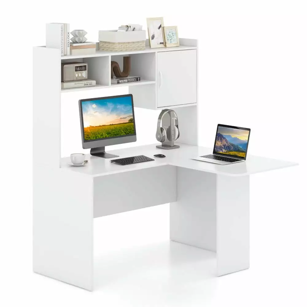 Kadyn L-Shaped Corner Computer Desk Open Storage Hutch and Cabinet - White Writing Study Desk