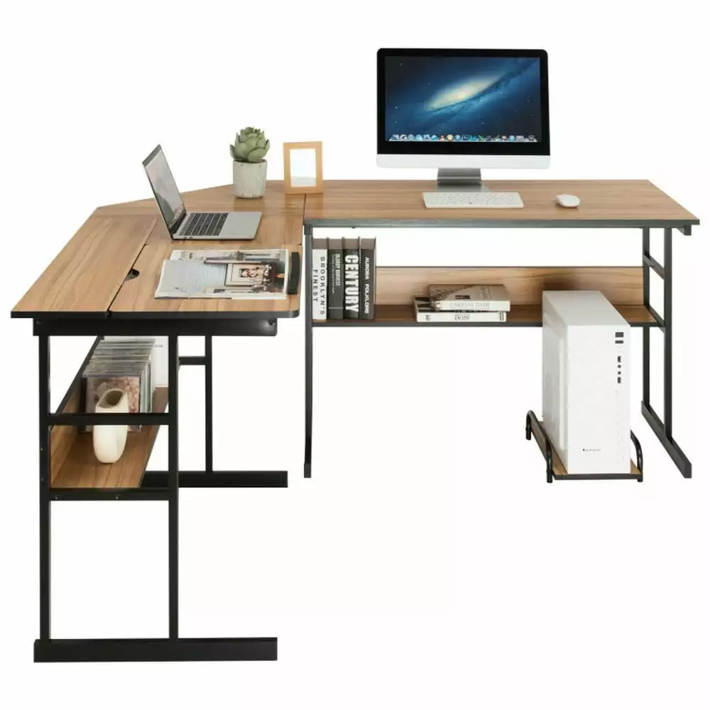 Kepooman L-Shaped Corner Computer Desk Tiltable Tabletop - Walnut Study Writing Table
