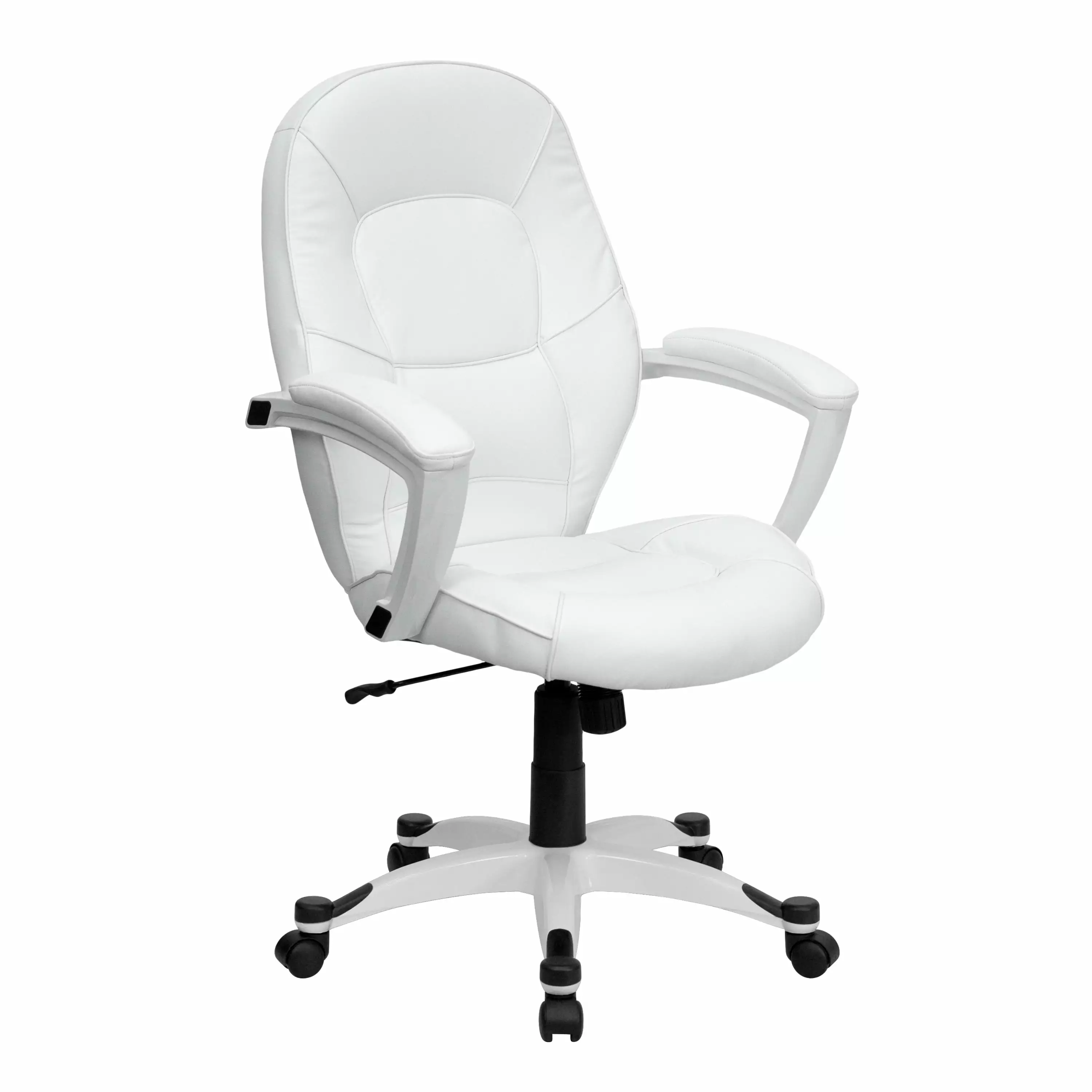 BizChair Mid-Back White LeatherSoft Executive Swivel Office Chair Arms and White Base