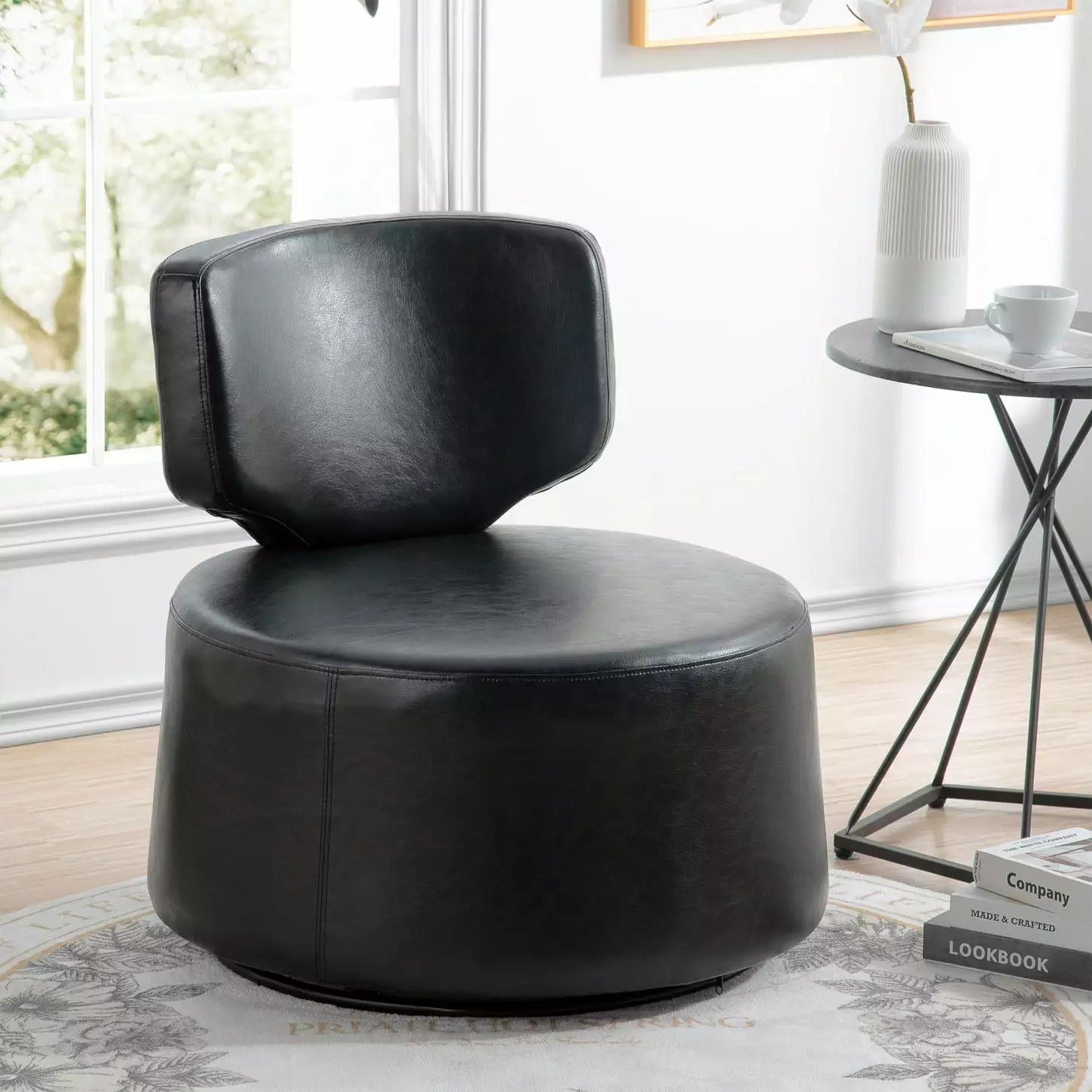 Swivel Chair Black PU Ergonomic Bucket Design Stable Metal Base Soft Seat Home or Office HATNOKIL