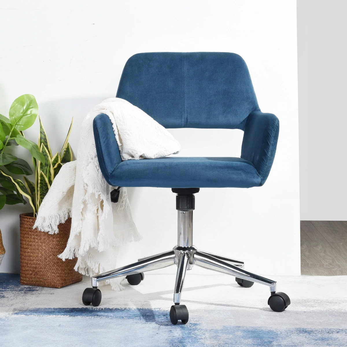 Velvet Upholstered Adjustable Swivel Office Chair Blue Modern Desk Chair Lantro JS