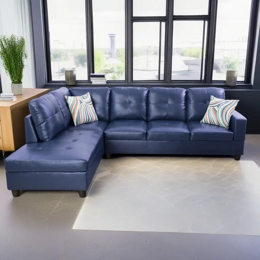 Hommoo Blue 4-Seat Semi PU Leather L Shaped Sectional Sofa 17.5 Back Height