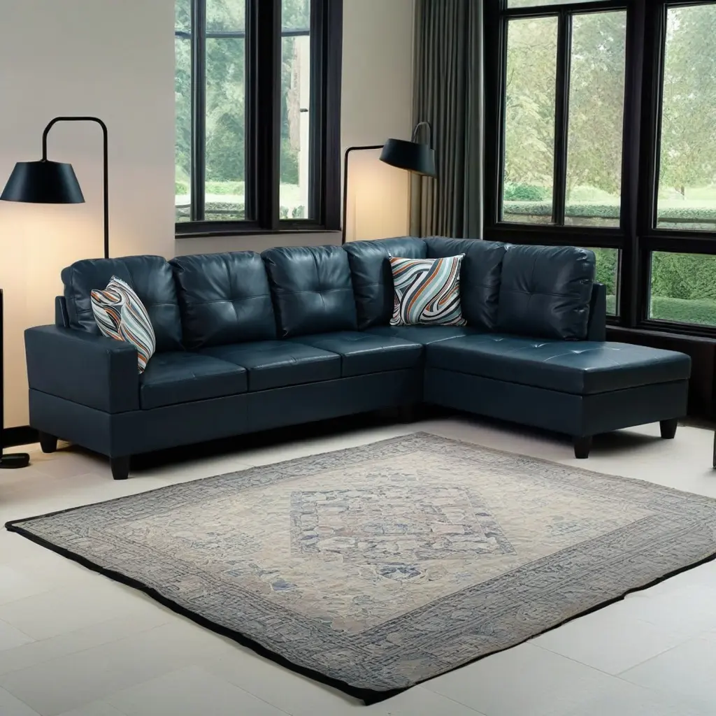 Hommoo Peacock Blue 4-Seat Semi PU Leather L Shaped Sectional Sofa Set