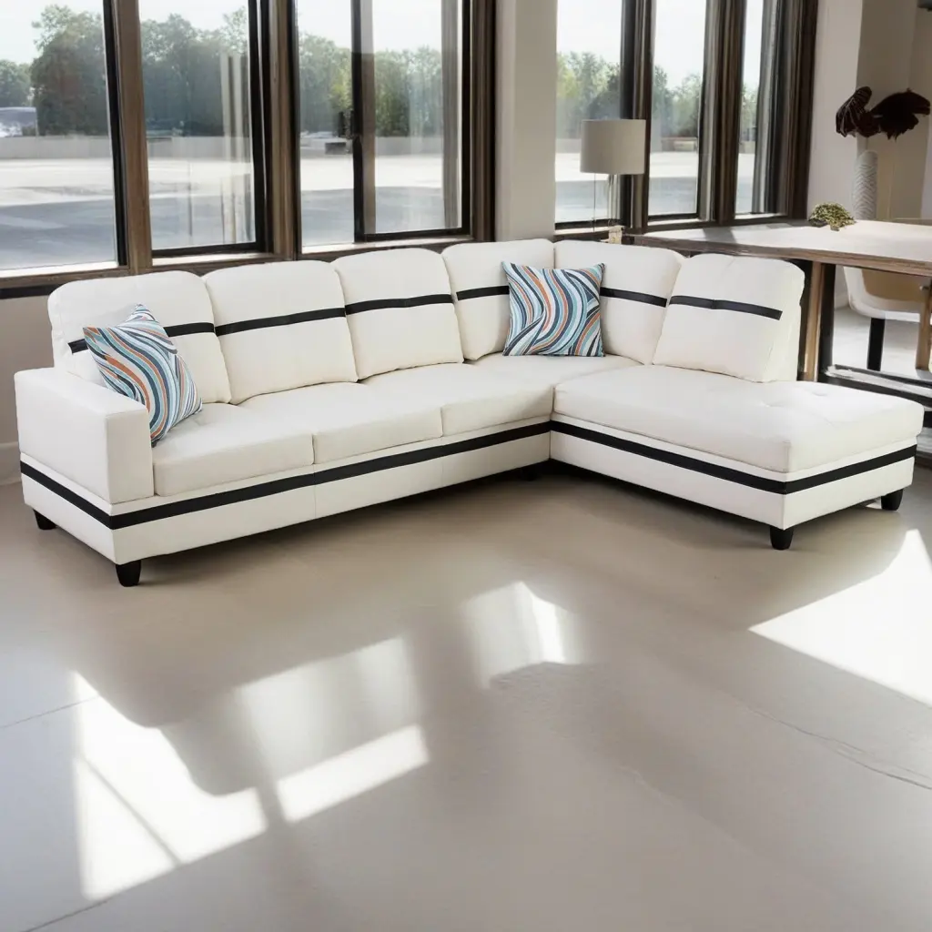 Hommoo White Black 4-Seat Semi PU Leather L Shaped Sectional Sofa Waistline