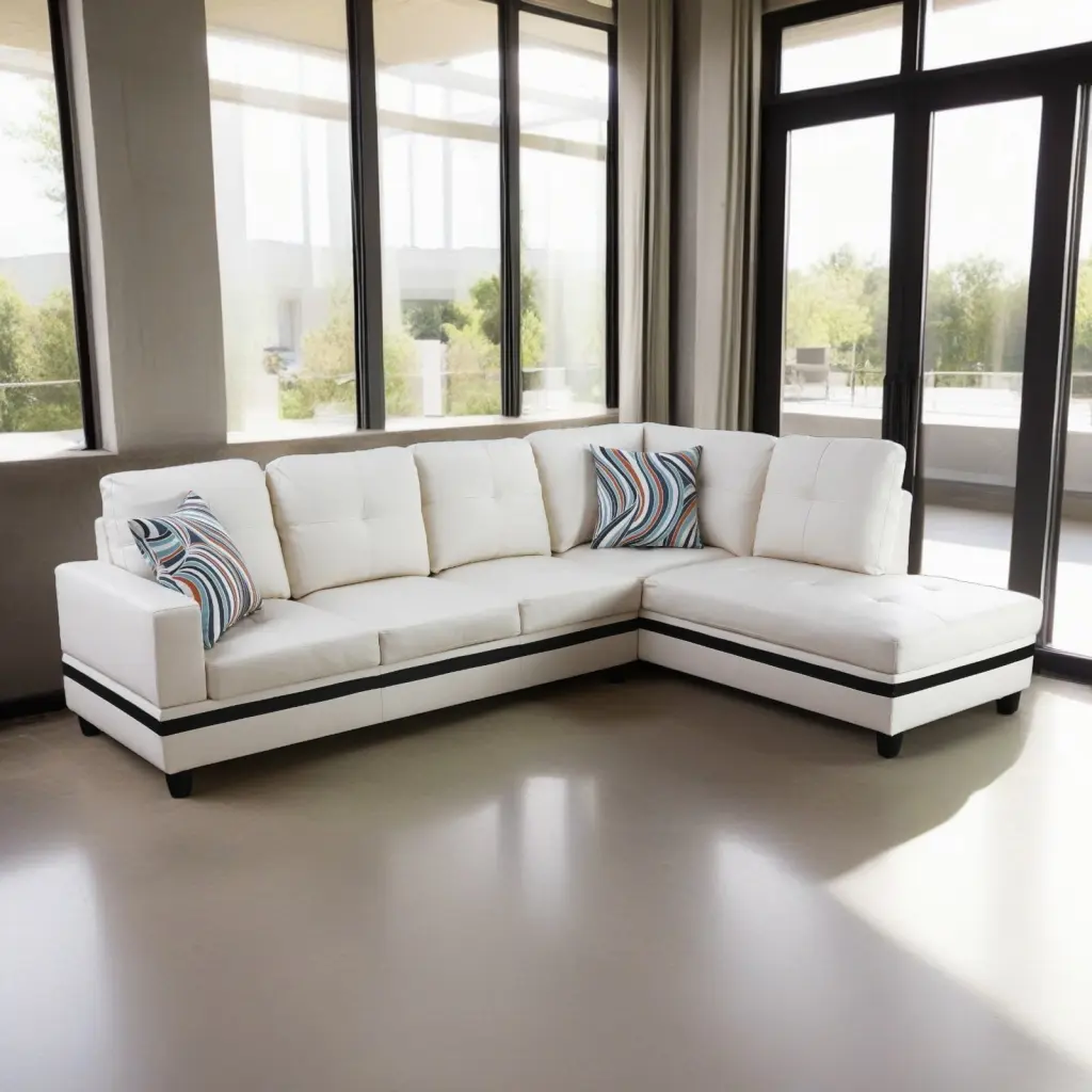 Hommoo White Black 4-Seat Semi PU Leather L Shaped Sectional Sofa 17.5 Back Height