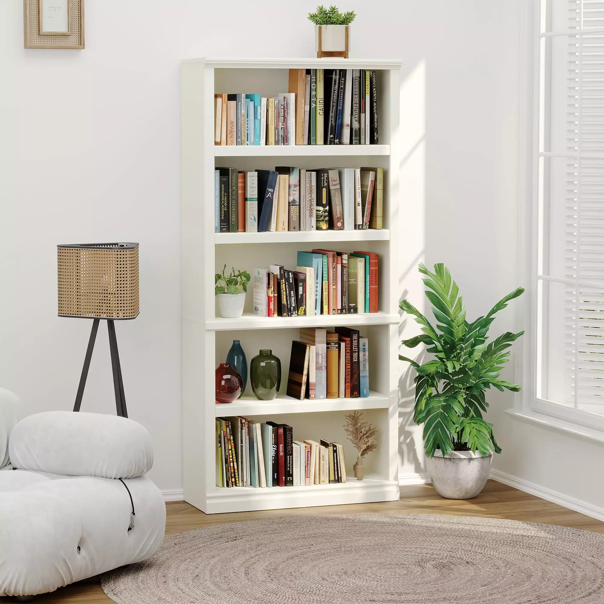 Bevfint 5 Tier Tall White Bookshelf Farmhouse Library Office Bedroom Kids Storage
