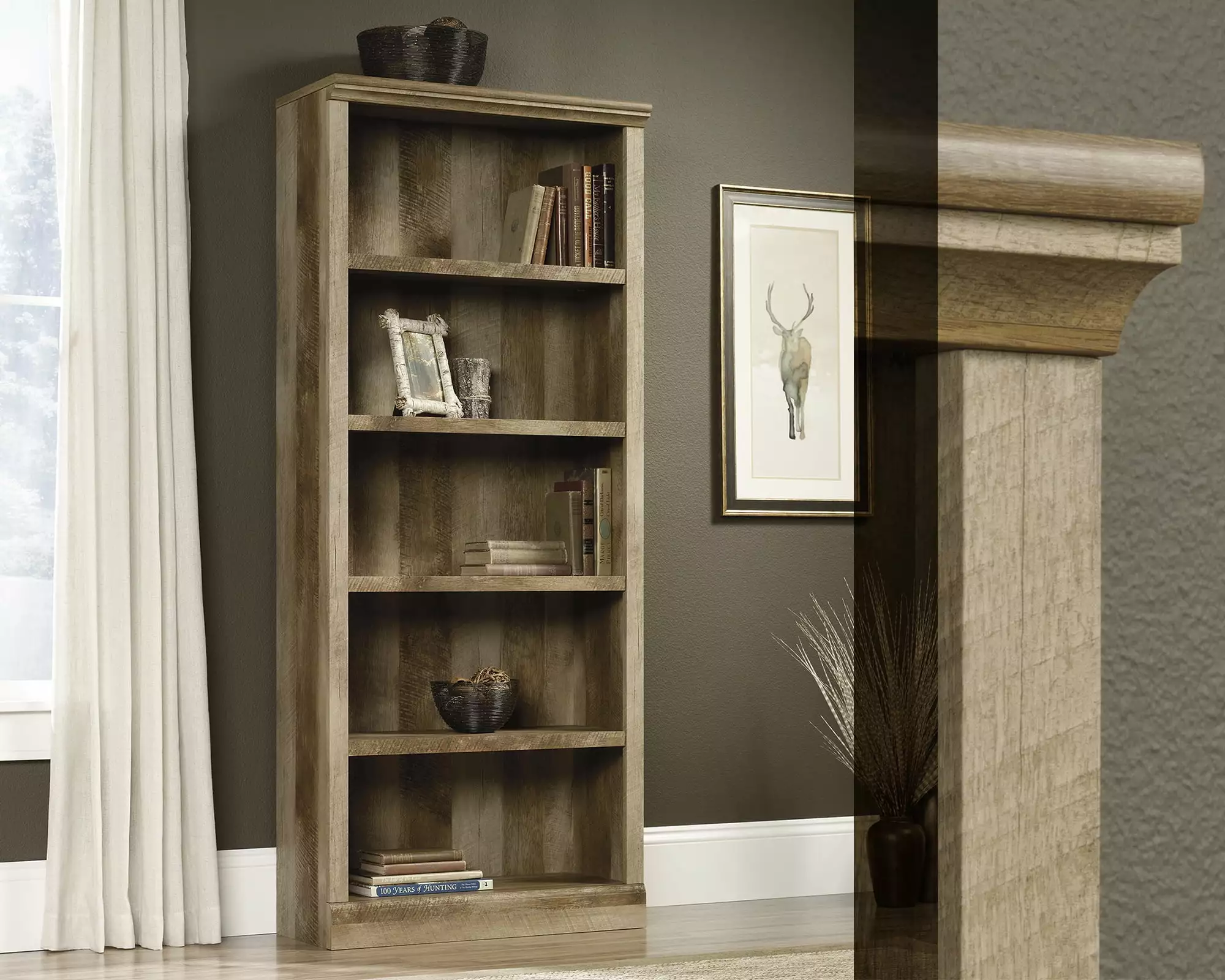 CasaSole 71 Tall 5-Shelf Bookcase Craftsman Oak Living Room or Office
