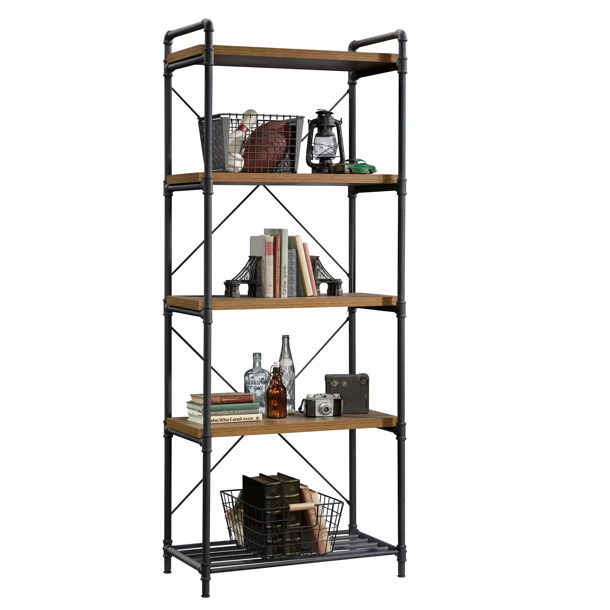 Sauder Iron City Tall Bookcase Checked Oak Finish