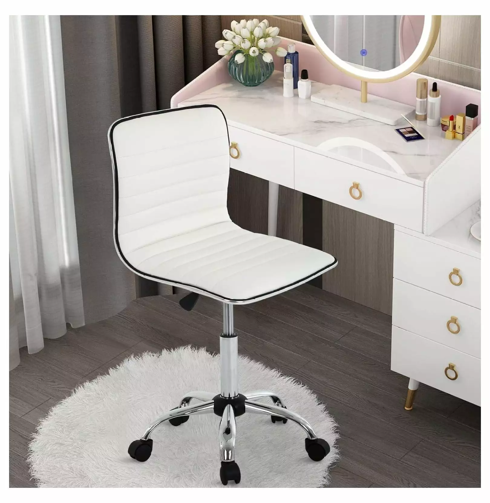 Small White PU Leather Low Back Armless Computer Desk Chair Women Rolling Vanity Makeup Chair Bilot