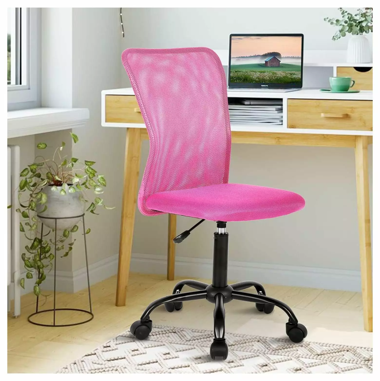 Pink Ergonomic Office Chair Mesh Back and Soft Seat - Cute Armless Computer Desk Chair CodYinFI