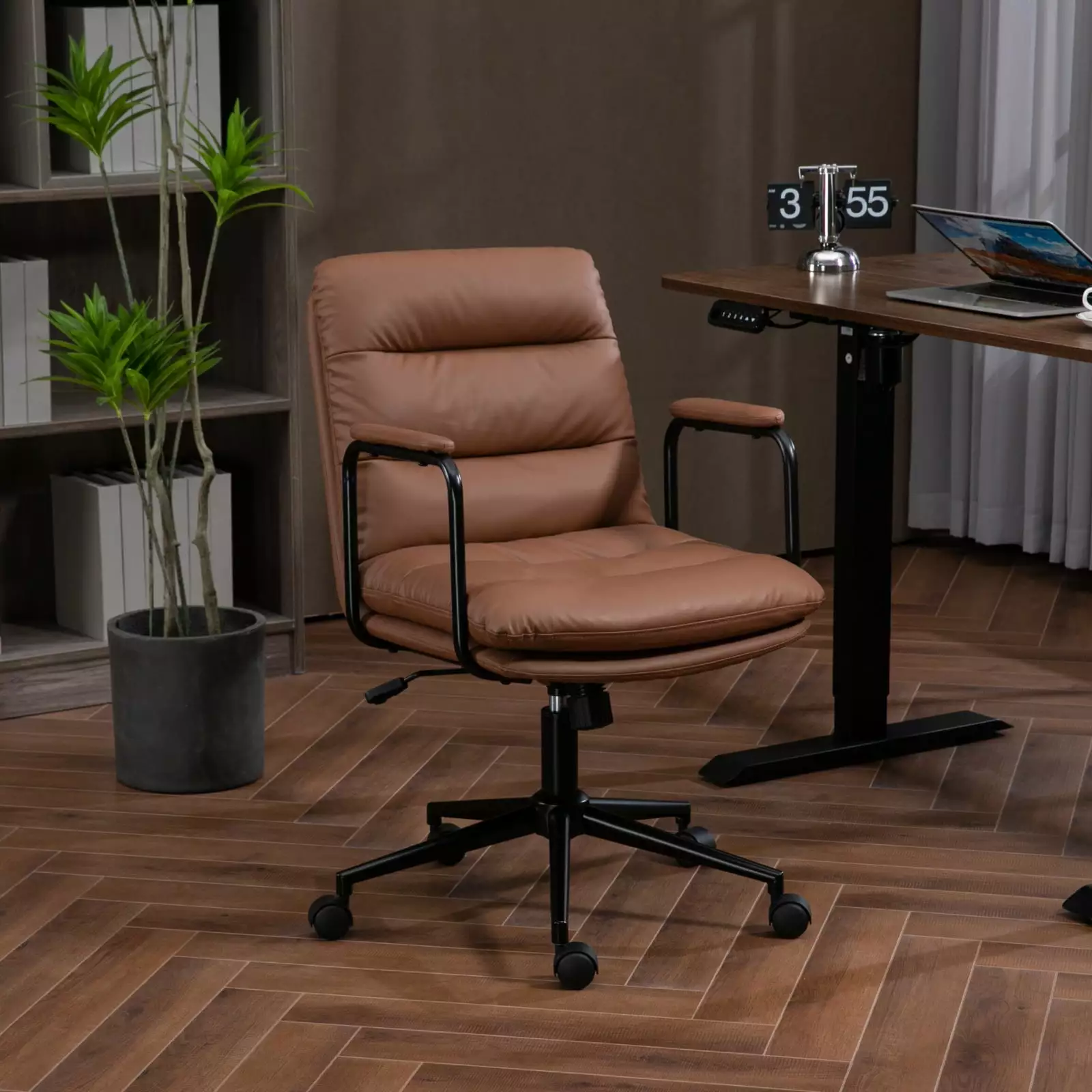 Mid Back PU Leather Office Chair Wheels, Arms, and 40Â° Reclining Back - Brown DeeHome