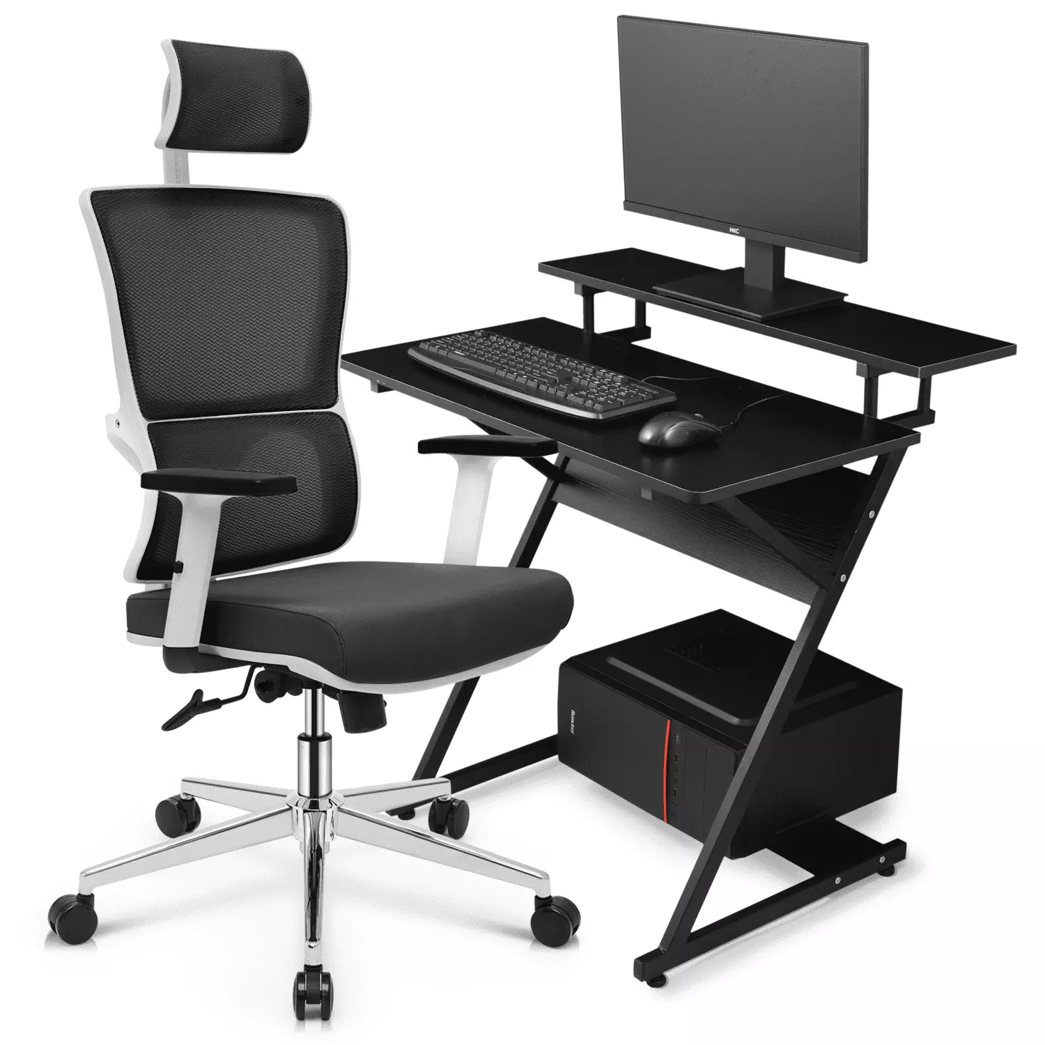 MoNiBloom Laptop Table Monitor Storage Shelf Ergonomic High Back Mesh Swivel Task Chair White