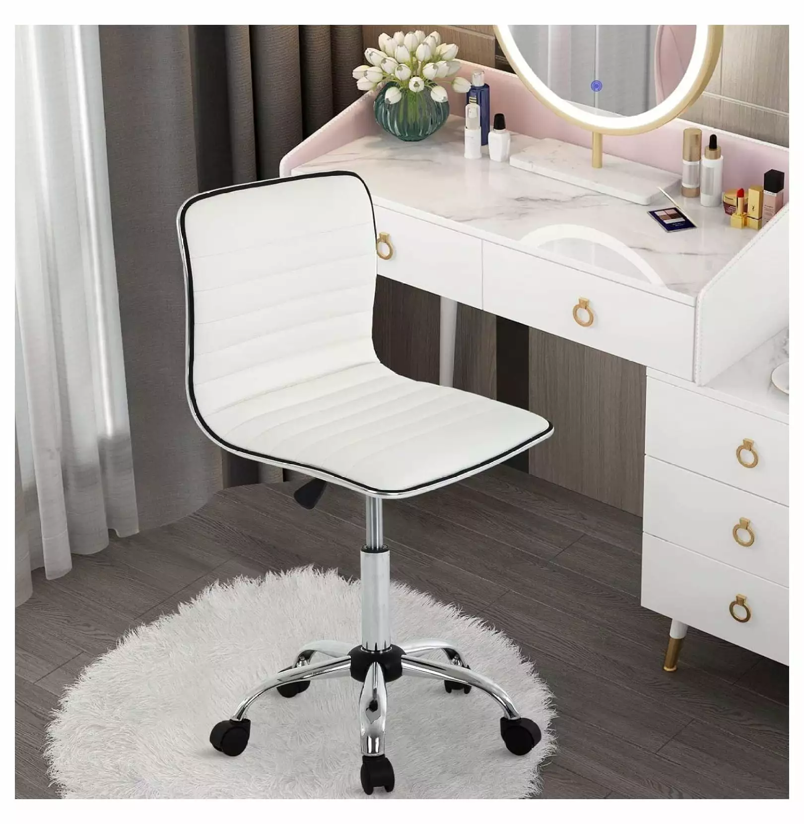 Small Task Chair Women Low Back Armless PU Leather Ribbed Computer Desk Chair Wheels RinGol