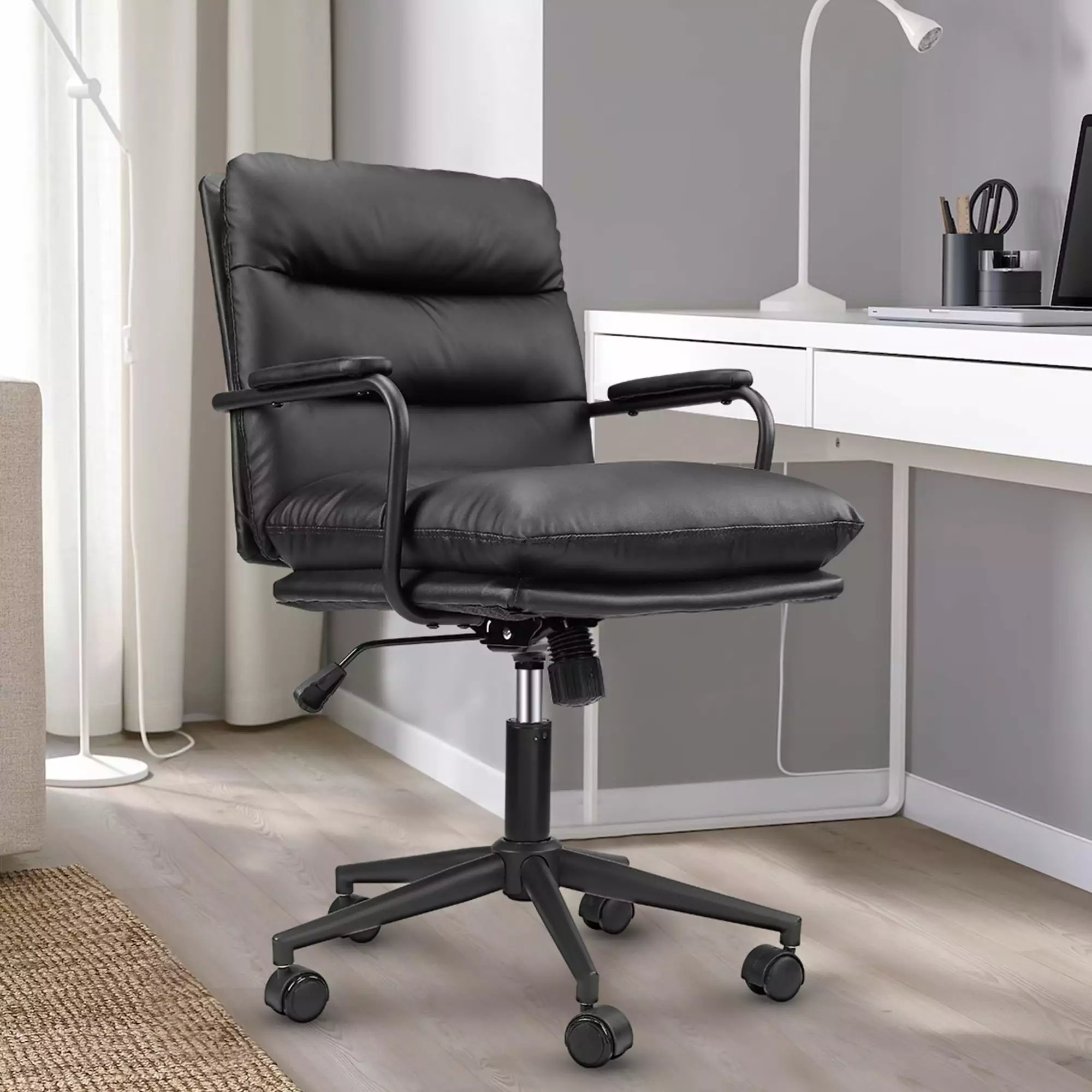 Modern PU Leather Home Office Task Chair Arms Adjustable Swivel Computer Executive Chair Wheels TALEWEO