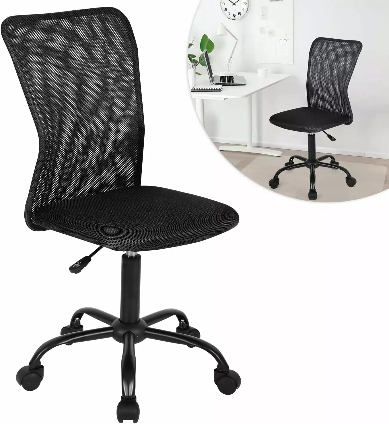 Black Armless Ergonomic Mesh Office Chair Adjustable Height Task Chair Lumbar Support and Swivel WRP