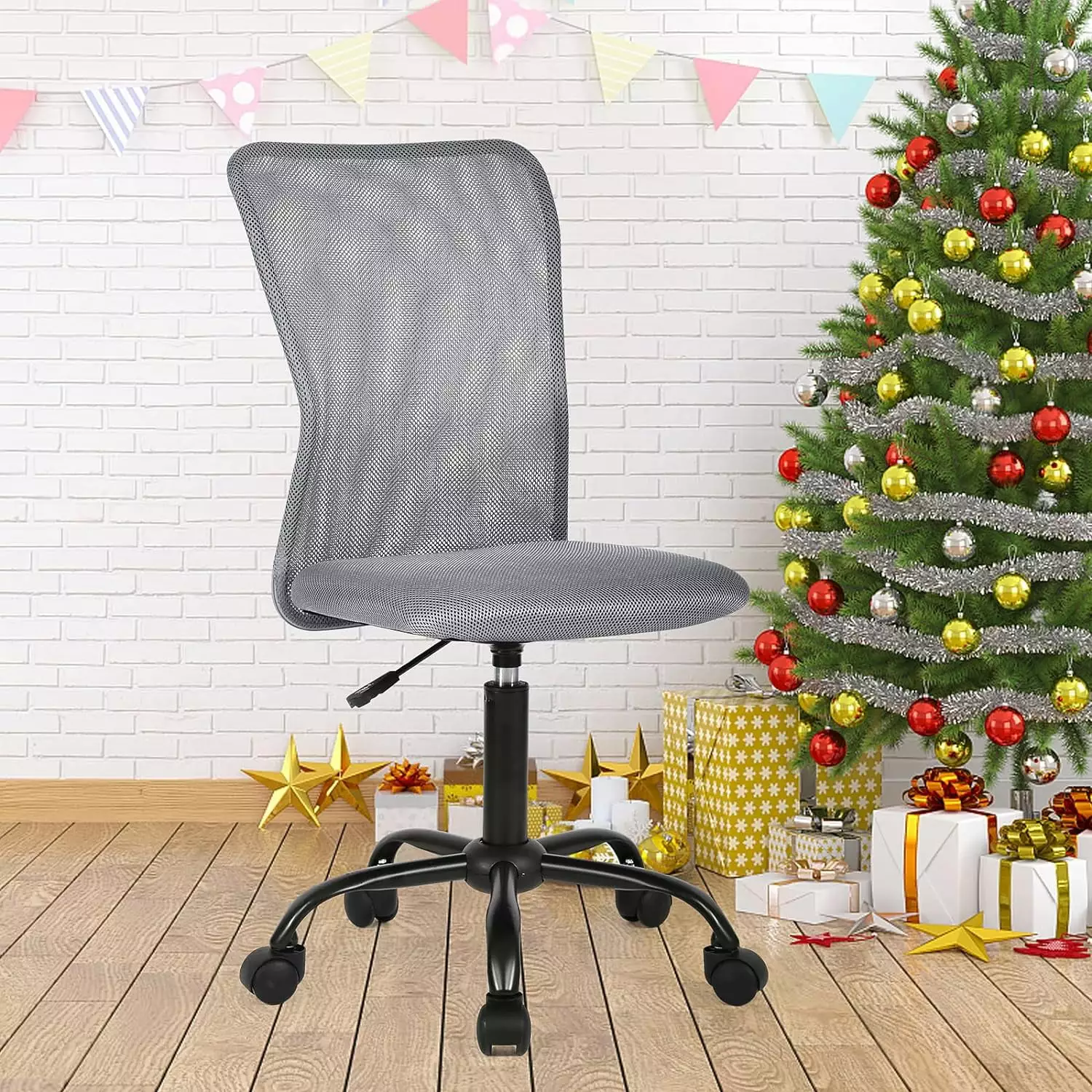 Grey Mid Back Ergonomic Mesh Office Chair Adjustable Height Modern Task Chair No Armrest Casters WRP