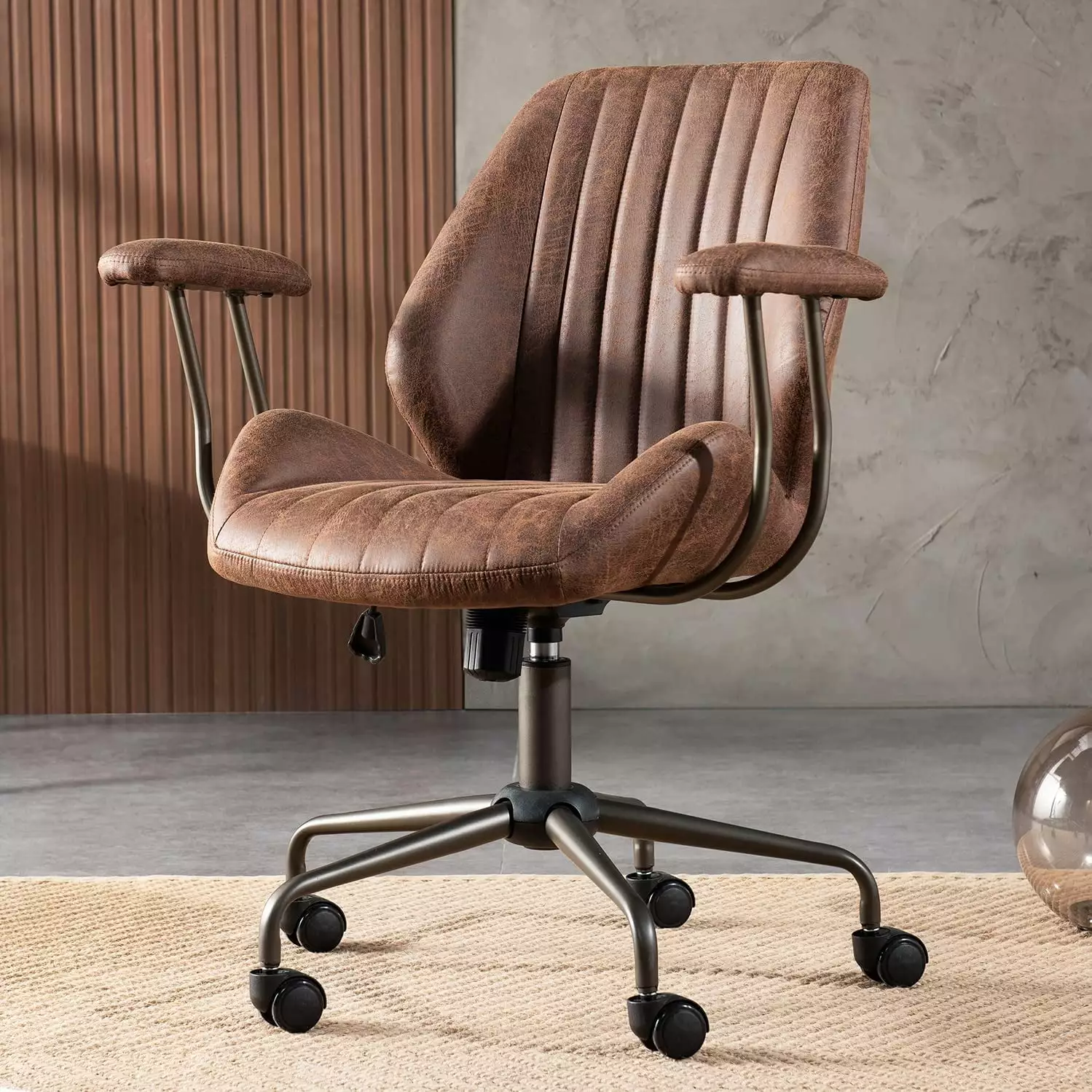 Mid Back Home Office Desk Chair Armrests Rolling Swivel Wheels Height Adjustable Task Chair Dark Coffee ZKQ