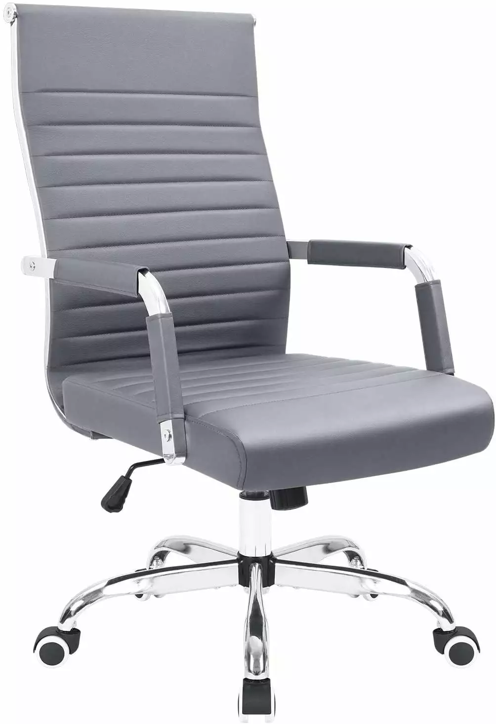 Ribbed Office Desk Mid Back Computer Chair Grey PU Leather Adjustable Height Conference Executive Task Swivel Chair ZKQ