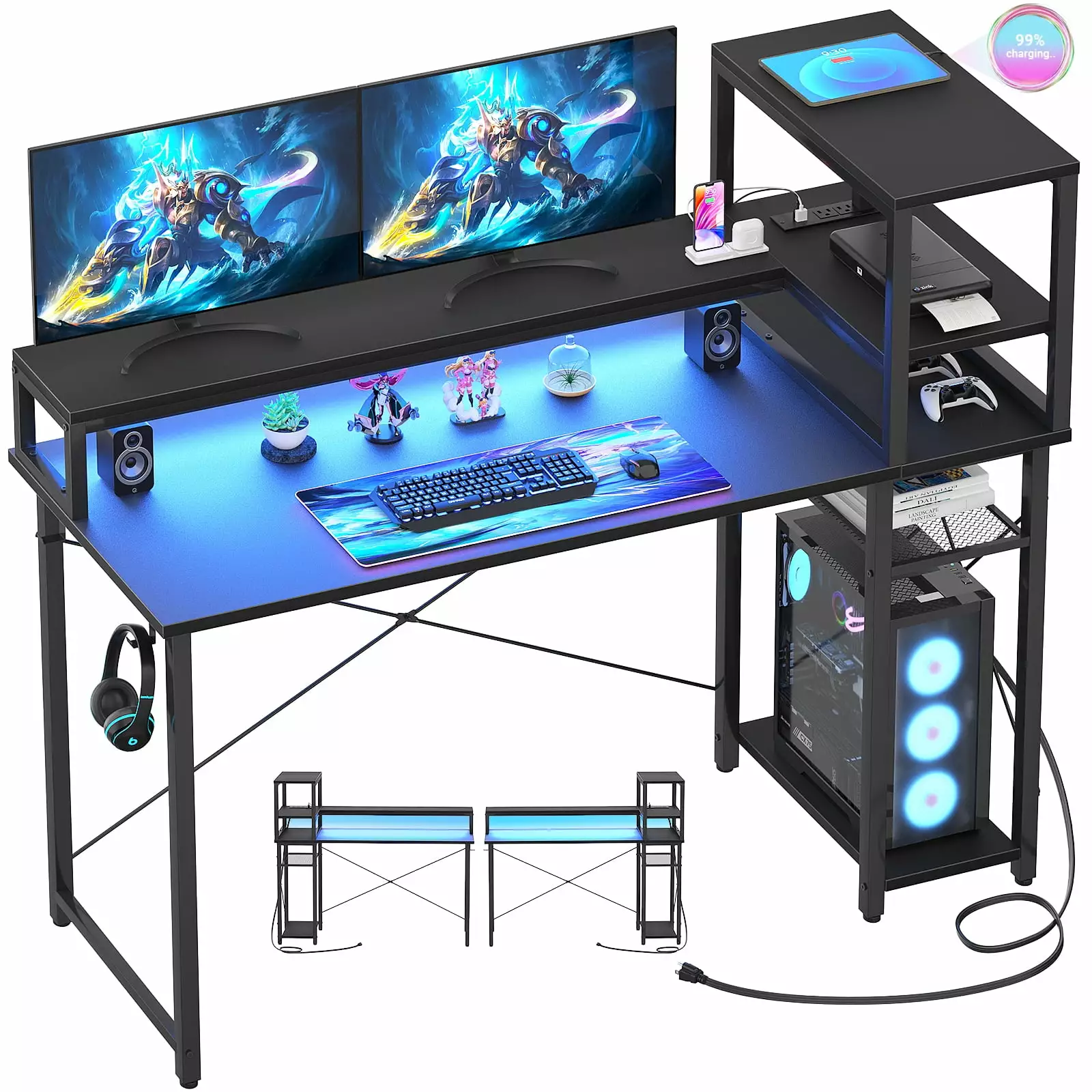 Homieasy Gaming Desk Power Outlet USB Ports LED Strip Monitor Stand Black