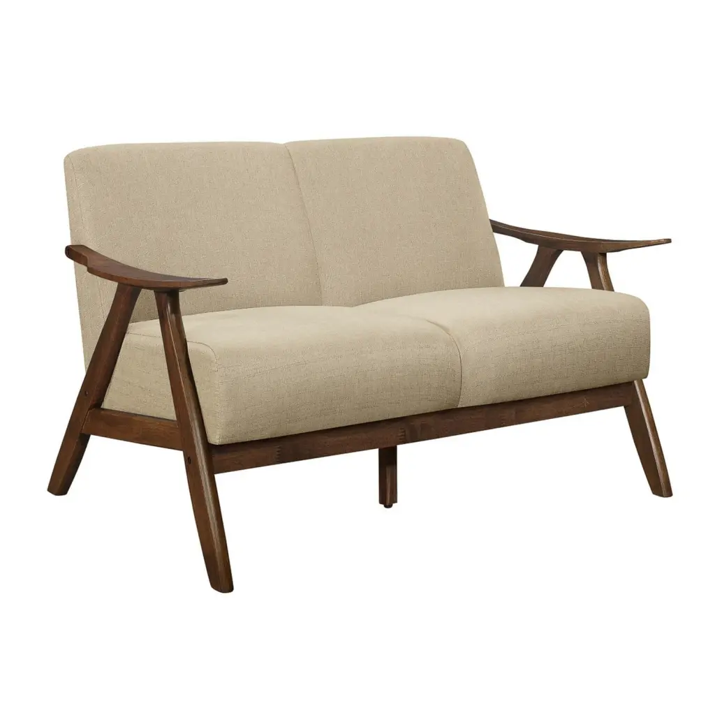 Benjara Indy 51 . Loveseat Rubberwood Angled Frame Textured Fabric Brown & Beige