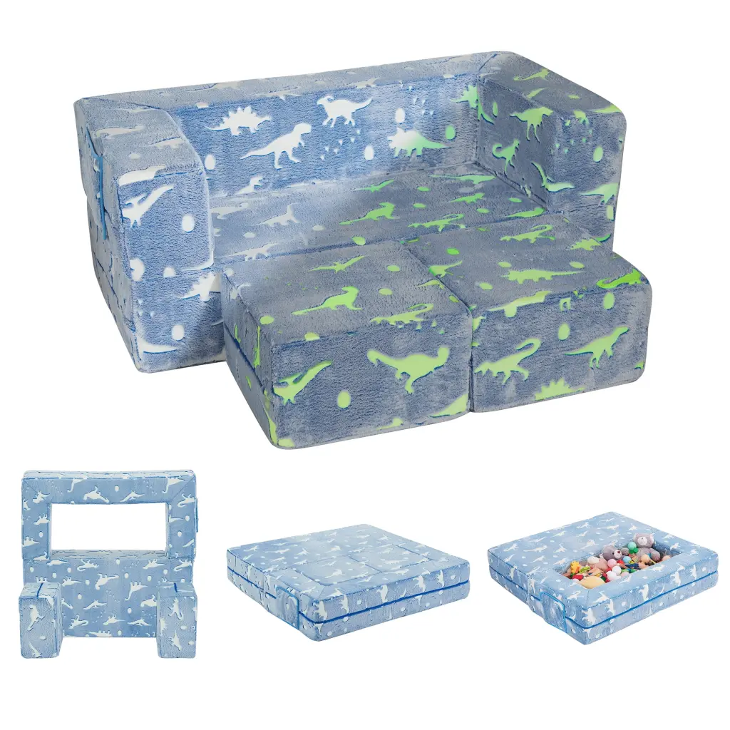 Ulax Furniture Kids Couch Modular Glow Dark Convertible Sofa Toddlers Ottomans Blue Dinosaur