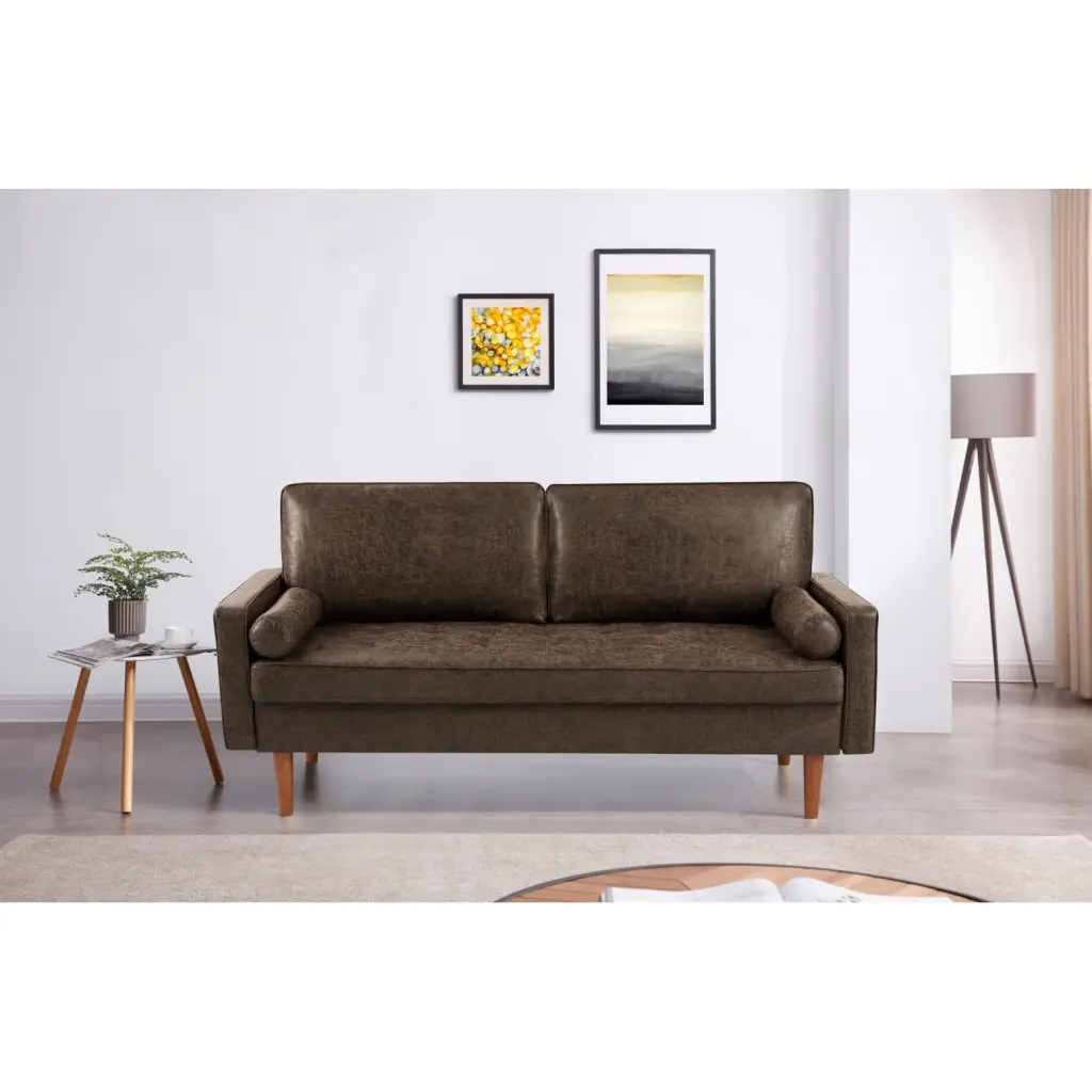 Dark Brown Fabric Three-Seater Sofa Tufted Back and Wooden Legs LMing