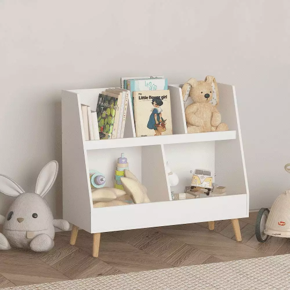 Kids Bookshelf and Toy Organizer 5 Cubbies Wooden Open Bookcase 2-Tier Baby Storage Display Organizer Legs White Hypeshops