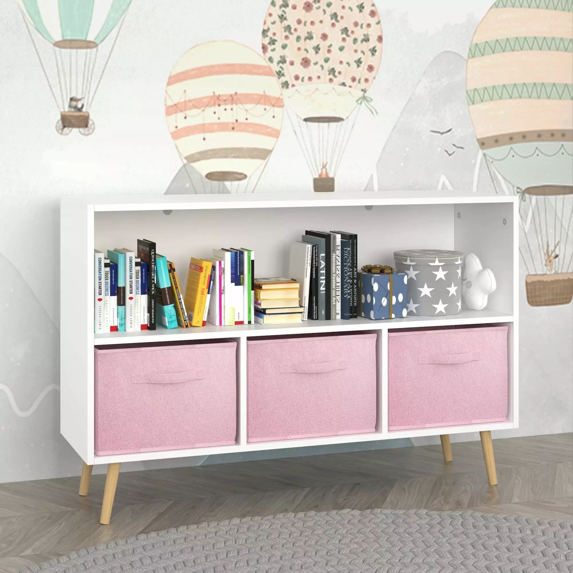 IbayNawi Kids Bookcase Collapsible Fabric Drawers Toy Storage Organizer White and Pink