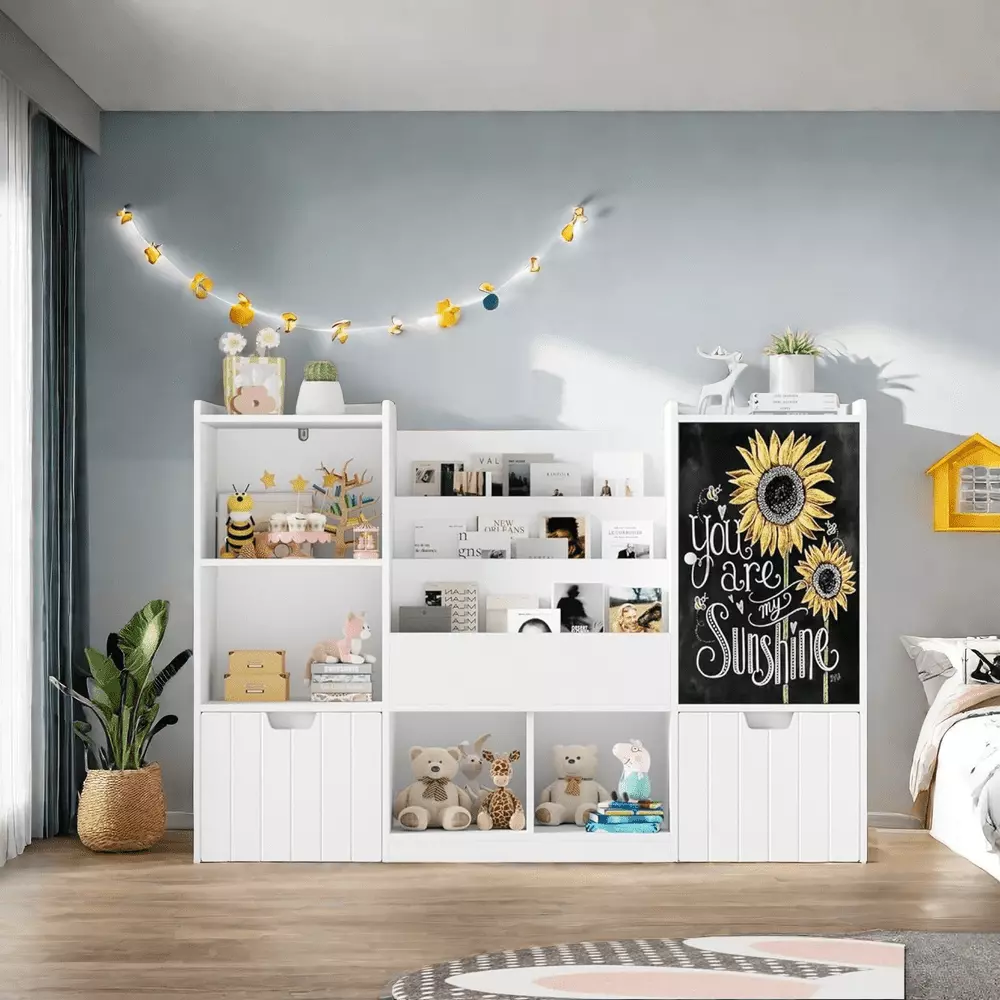 Toy Storage Organizer 2 Movable Drawers Kids Bookshelf and Bookcase Blackboard MIDODO