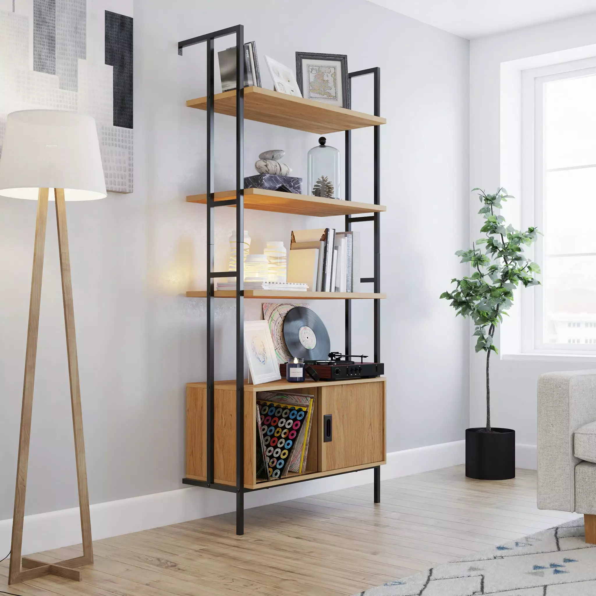 Sauder New Hyde Bookcase Sliding Door Serene Walnut Finish Home Office