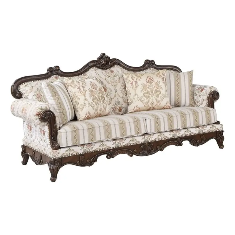 Bowery Hill Fabric Floral Upholstered Rolled Arm Sofa 4 Pillows Walnut