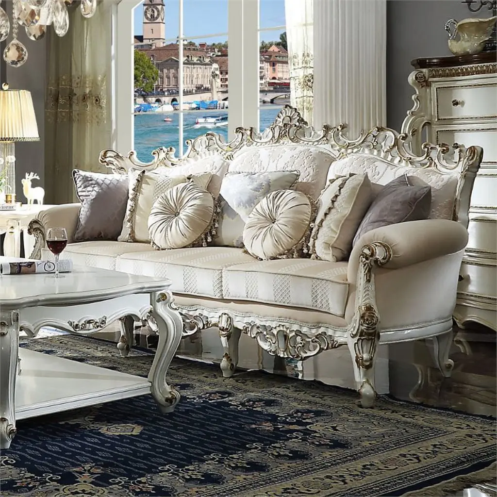Bowery Hill Traditional Fabric Upholstered Sofa 7 Pillows Antique Pearl