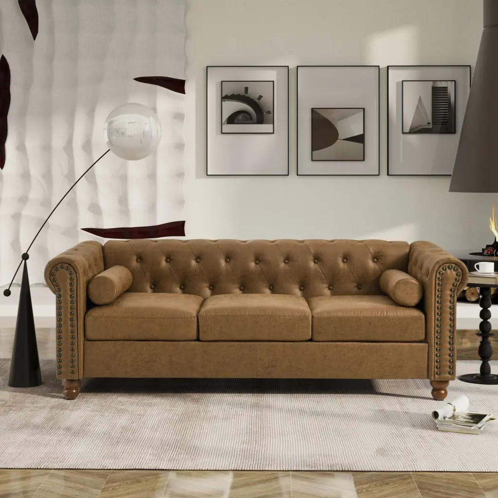 Classic Traditional Living Room Tufted Fabric Sofa Couch Large Brown Jamini