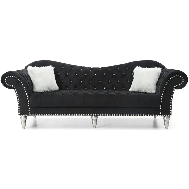 Maklaine Traditional Upholstery Velvet Sofa Black Finish Living Room