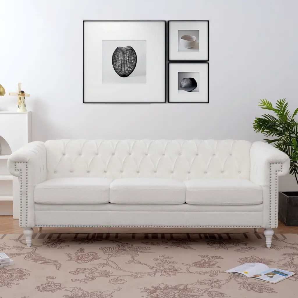 Traditional Square Arm 3-Seater Sofa Removable Cushions Elegant White Fabric Birch Legs Ponnky