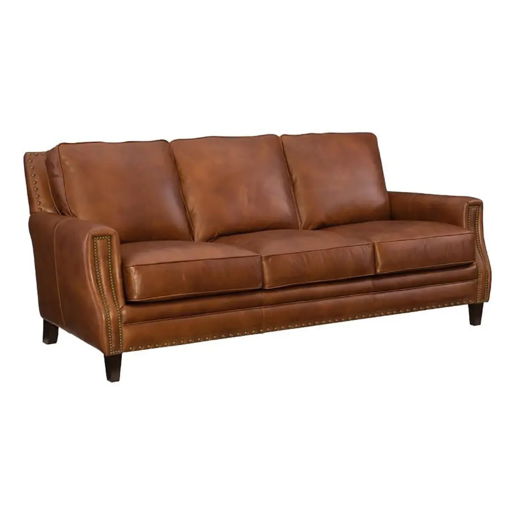 Beaumont Lane Traditional Brown Leather Sofa Nailhead Trim