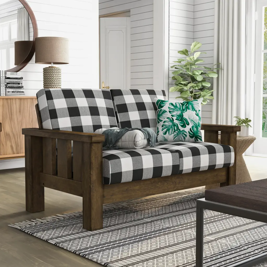 Furniture America Jimo Traditional Rustic Oak Linen Fabric Loveseat - Classic 2-Seater Sofa