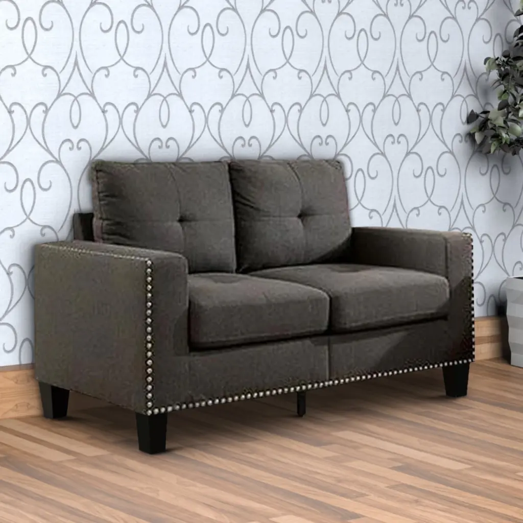 Fabric Upholstered Loveseat Track Arms and Nailhead Trim Dark Gray - Saltoro Sherpi