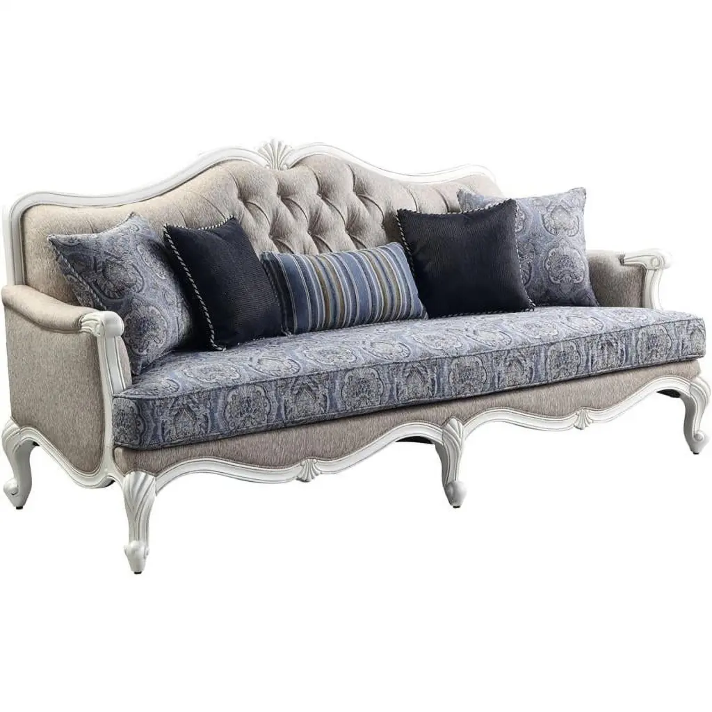 Bowery Hill Transitional Sofa 5 Pillows Fabric and White Finish