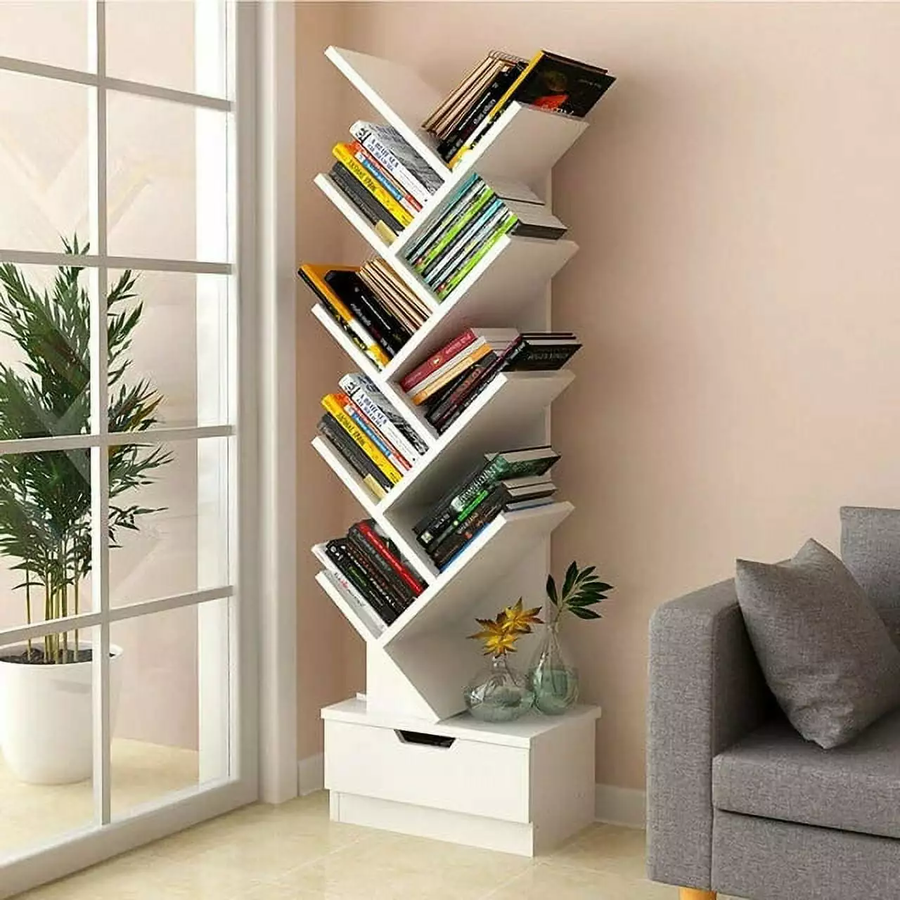 IAJXWI 10-Tier Tree Bookshelf Drawer Floor Standing Display Rack White