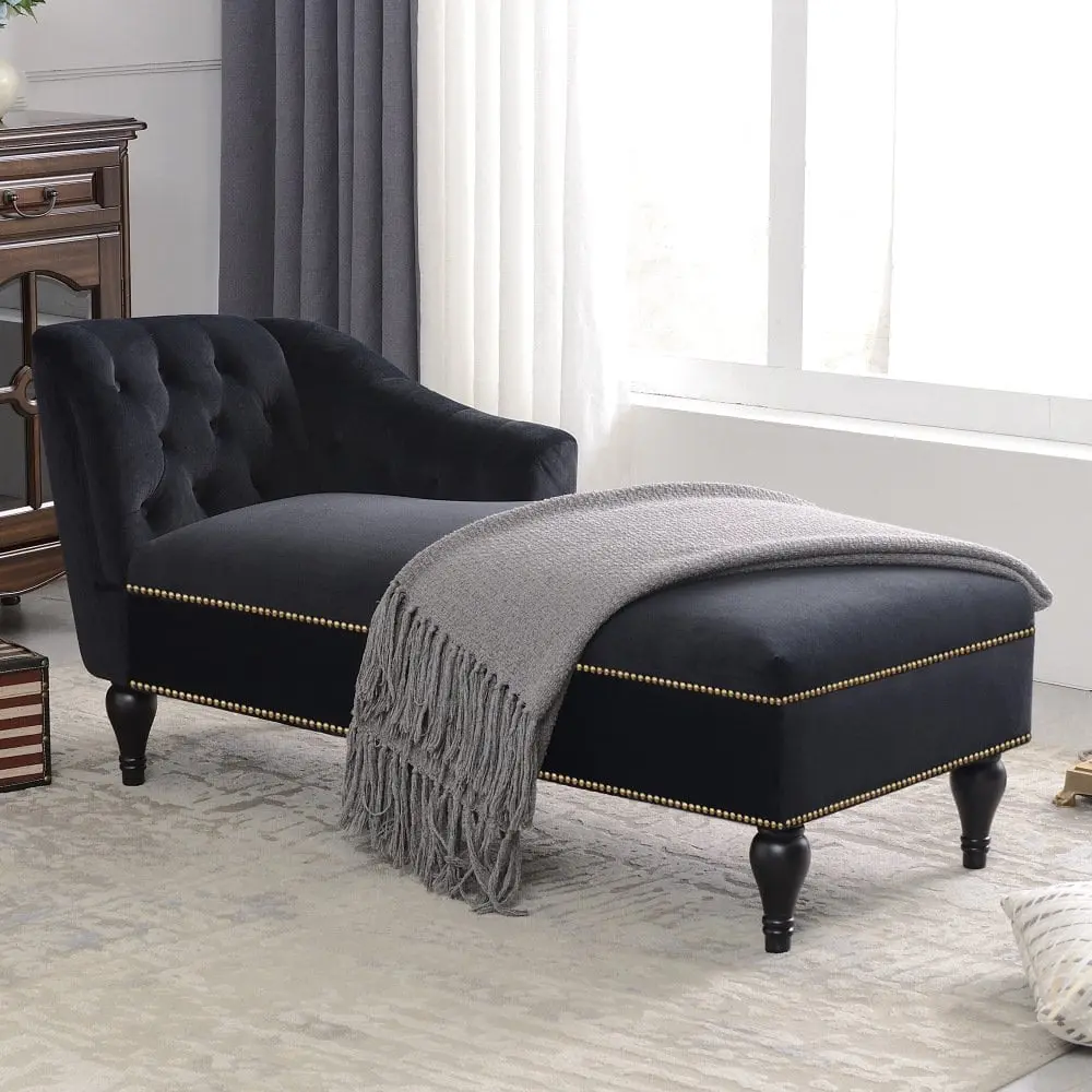 Hassch 58 Inch Velvet Chaise Lounge Button Tufted Right Arm Facing Lounge Chair Nailhead Trim Solid Wood Legs Living Room ...