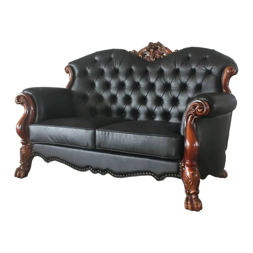 ACME Dresden Faux Leather Tufted Loveseat 3 Pillows Black and Cherry Oak Acme Furniture