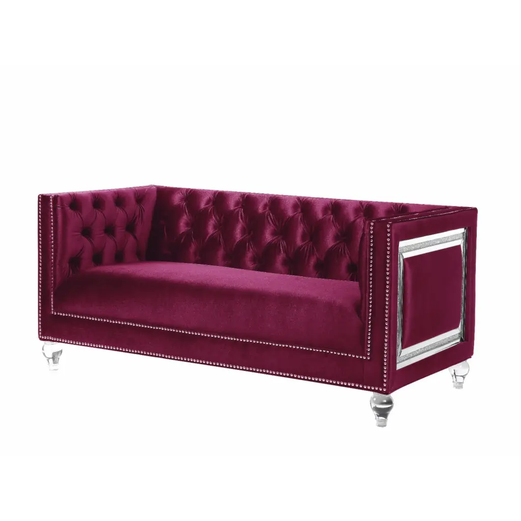 ACME Heibero Burgundy Velvet Tufted Loveseat 2 Pillows Acme Furniture