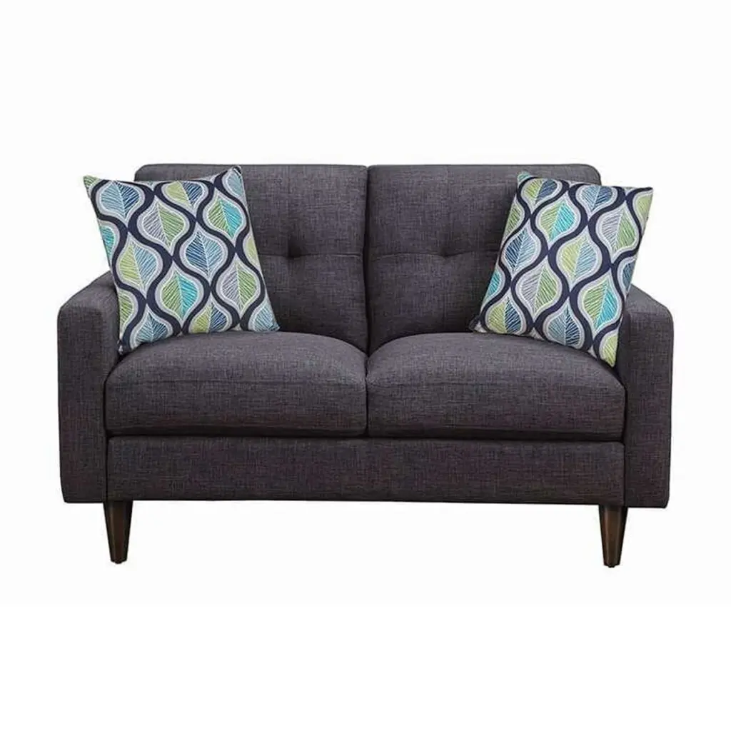 Benjara Gray Tufted Back Loveseat - Fabric Upholstered Wooden Sofa