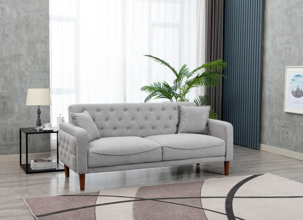 New Design Gray Loveseat Sofa Linen Fabric and Button Tufting - Includes 2 Pillows Mydepot